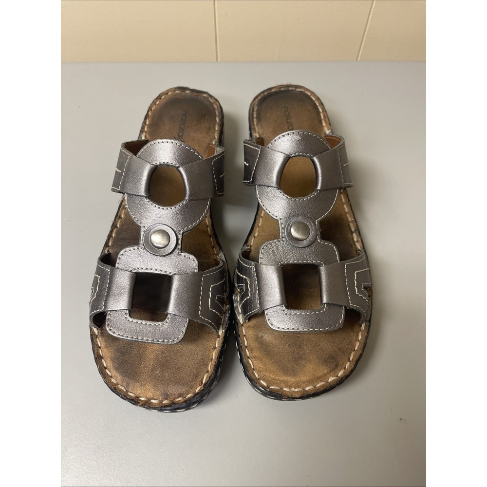 Natural Soul By Naturalizer Size 10M Cedric Pewter Faux Leather Slip On Sandals